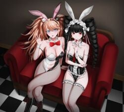2girls big_breasts black_hair blonde_hair blue_eyes breasts bunny_ears bunny_girl bunnysuit celestia_ludenberg danganronpa female female_only fishnets junko_enoshima koha_2652 looking_at_viewer multiple_girls red_eyes tongue_out
