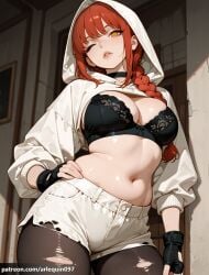 1girl ai_generated arlequin097 black_bra black_choker black_gloves black_pantyhose bra braid braided_ponytail breasts chainsaw_man choker cleavage contrapposto cowboy_shot cropped_hoodie fingerless_gloves gloves hair_over_shoulder hand_on_own_hip hood hood_up hoodie indoors lace-trimmed_bra large_breasts lips long_hair long_sleeves looking_at_viewer makima_(chainsaw_man) midriff navel one_eye_closed pantyhose pantyhose_under_shorts parted_lips red_hair ringed_eyes short_shorts shorts solo standing stomach thighs torn_clothes torn_pantyhose torn_shorts underwear white_hoodie white_shorts yellow_eyes