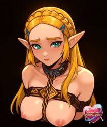 1girls ai_generated animal_collar aqua_eyes artist_logo artist_name bare_shoulders bdsm belt between_breasts black_background black_collar blonde_hair blush bondage bound braid breast_bondage breasts breasts_out bright_pupils brown_background chain chain_leash chained closed_mouth collar collarbone cropped_torso crown_braid dark_background forehead furrowed_brow green_eyes hair_ornament hairclip heart large_breasts leash lips long_hair looking_at_viewer medium_breasts metal_collar nipples nude parted_bangs parted_hair pointy_ears princess_zelda restrained sidelocks simple_background slave solo the_legend_of_zelda thick_eyebrows upper_body watermark white_pupils