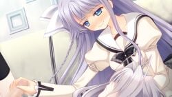 1boy 1girl antenna_hair back_bow back_double_bow black_bow black_bowtie black_thighhighs blue_eyes blush bow bowtie braid buttons censored closed_mouth double_bowtie faceless faceless_male frilled_sleeves frills from_side game_asset grey_bow grey_bowtie grey_hair hair_bow half-closed_eyes handjob hetero indoors juliet_sleeves leg_up long_hair long_sleeves looking_at_another lying mosaic_censoring nishimata_aoi non-web_source nose_blush official_art on_back penis plaid_bow plaid_bowtie plaid_clothes puffy_sleeves purple_hair sailor_collar sakurakouji_saika school_uniform self-datamine shirt single_braid sitting thighhighs trap tsuki_ni_yorisou_otome_no_sahou_2 white_bow white_sailor_collar white_shirt youkadou_sakuri