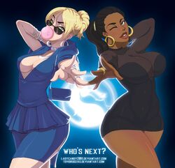 2017 2d 2girls big_breasts blonde_hair blush bracelet breasts brown_eyes brown_hair cassie_cage dark-skinned_female dark_skin dress ear_piercing earrings eyebrows eyelashes female fingernails glasses green_eyes hair hands huge_ass huge_breasts human jacqui_briggs jewelry large_breasts lips lipstick looking_at_viewer looking_over_eyewear looking_over_glasses lots_of_jewelry makeup mortal_kombat mortal_kombat_x multiple_females multiple_girls nail_polish necklace netherrealm_studios nose ponytail ring shiny shiny_skin standing sunglasses thighhighs tinted_eyewear tovio_rogers voluptuous wink