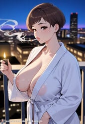 ai_generated bathrobe bathrobe_only big_breasts big_lips chubby cigarette cigarette_in_mouth cigarette_smoke cityscape large_breasts lighting_cigarette lips mature mature_female pixie_cut pixie_cut_female pov_eye_contact seductive seductive_eyes seductive_look seductive_mouth sexy short_hair smoking smoking_cigarette smoking_fetish solo_female transparent_clothing