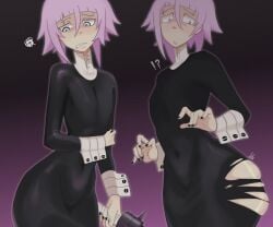 big_ass black_clothing black_nails bottom_heavy clothed crona_(soul_eater) dress flat_chest newsigridzboonx purple_eyes purple_hair ripped_clothing soul_eater thick_thighs thight_clothing unknown_gender