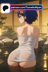 1girl ai_generated aqua_eyes artist_name ass back bangs bare_shoulders bath bathing belle_(zenless_zone_zero) black_eyes black_hair blue_eyes blue_hair blush breasts brown_eyes bucket card_(medium) character_name closed_mouth cover cover_page cowboy_shot doujin_cover earrings english_text eyebrows_visible_through_hair fence from_behind glint green_eyes grey_eyes hair_ornament hairclip hoop_earrings jewelry large_breasts leaf looking_at_viewer looking_back medium_breasts naked_towel nape night nude number onsen outdoors parted_bangs parted_lips partially_submerged patreon_username profile purple_hair rating red_eyes reflection ripples rock safe see-through shiny shiny_hair shiny_skin short_hair shoulder_blades sign skindentation sky small_breasts smile solo standing steam stud_earrings towel wading water water_drop wet wet_hair white_towel wooden_bucket wooden_fence wooden_wall yellow_eyes zenless_zone_zero
