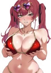 1girl armpit_crease bare_shoulders bikini black_ribbon blush breasts cleavage collarbone commentary commentary_request earrings eyewear_on_head grabbing_own_breast hair_ribbon halterneck heart heart-shaped_eyewear heart_earrings heart_necklace heterochromia highres hololive houshou_marine houshou_marine_(summer) jewelry large_breasts long_hair looking_at_viewer navel necklace official_alternate_costume parted_lips pink_nails red_bikini red_eyes red_hair ribbon satopuu simple_background skindentation solo standing stomach string_bikini sunglasses swimsuit teeth triangle_bikini_top twintails untranslatable_commentary upper_body virtual_youtuber white_background wide_hips yellow_eyes