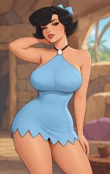 1girls 80s_hair ai_generated armpit bangs betty_rubble black_hair black_outline blue_clothing brown_eyes chatgpt dress eyelashes female female_only hair_between_eyes hair_ribbon halter_dress hand_on_thigh hanna-barbera large_breasts light-skinned_female lipstick looking_at_viewer mature_female milf minidress mommy narrow_waist nipple_outline one_arm_behind_head pose rgomez007 seductive_look self_upload short_hair sideboob slight_smile solo_female standing stone_age stone_floor stone_wall teeth_showing the_flintstones thick_eyelashes thick_lips thick_outline thick_thighs voluptuous wide_hips