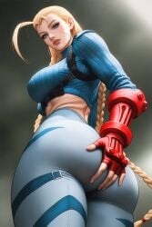 ai_generated ass big_breasts blode_hair blonde_female blue_eyes braided_hair breasts bubble_butt cammy_white clothed face_scar faprunner78 fat_ass long_hair looking_at_viewer natural_breasts round_ass street_fighter thick_thighs thighs