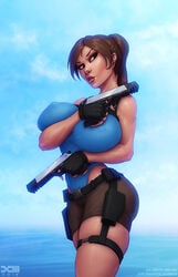 ass barretxiii breasts bulge clothed clothing curvy female female_only huge_breasts lara_croft lara_croft_(l.a.u.) nipple_bulge nipples solo thick_thighs tight_clothing tomb_raider tomb_raider_(l.a.u.) weapon