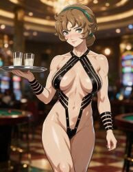 1girls ai_generated big_breasts black_tape black_tape_project breasts casino close-up persona persona_5 persona_5:_the_phantom_x public_indecency shiina_yumi shiny_skin smile smiling smiling_at_viewer tape taped_nipples taped_pussy waitress yumi_shiina