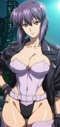 1girl ai_generated breasts clavicle cleavage clothed fingerless_gloves ghost_in_the_shell ghost_in_the_shell_stand_alone_complex jacket kusanagi_motoko looking_at_viewer purple_hair red_eyes short_hair smile solo thighs