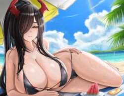 1girl areola_slip azur_lane black_hair black_nails blue_sky breasts cleavage cloud cloudy_sky day fie_nanoo food friedrich_der_grosse_(azur_lane) fruit full_body hair_over_one_eye highres horns huge_breasts looking_at_viewer lotion lying mature_female mechanical_horns nail_polish on_side outdoors red_horns sky solo summer sunscreen watermelon watermelon_seeds watermelon_slice yellow_eyes