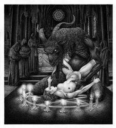 baphomet black_and_white breasts candle church cloak codex_gigas demonic devil exhibitionism eyes_open female hand_on_thigh hand_on_waist horns interspecies leg_lock legs_around_waist mouth_open nipples nude_female penetration pentagram ritual ritual_sex sacrifice sacrilegious satan satanic sex size_difference tongue_out witch