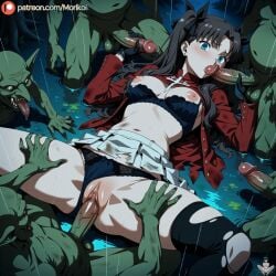 1girl ai_generated anime anime_coloring ass beautiful black_hair blue_eyes breasts cute destroyed_clothing fate/grand_order fate/stay_night fellatio female female_focus girly goblin goblin_male group group_sex looking_at_viewer morikoi nice_tits nude nudity rin_tohsaka sex sucking_penis woman