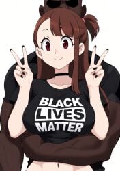 ai ai_generated atsuko_kagari bald_male bbc black_fingernails black_lives_matter blacked brown_hair choker conversion couple couple_(romantic) cuckold dark-skinned_male holding_partner huge_breasts japanese_female little_witch_academia midriff muscular_male painted_nails pale-skinned_female peace_sign posing red_eyes