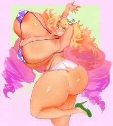 1girls acraeaaconite armpits ass big_ass big_breasts bikini_top blonde_hair breasts breasts_bigger_than_head female_only heels huge_breasts kelyou long_hair multicolored_hair oc original original_character solo_female thick_thighs thighs