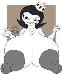 4th_wall_breaking ashily_(trevorsgaming) black_and_white black_hair cartoony cleavage crown doodle giant_breasts milf onyx_twilight rubberhose source toon