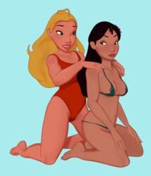 2girls 3d areola areola_slip bikini bimbo black_hair blonde_hair brown_eyes color colored dark-skinned_female disney eyeshadow female female_only human human_only lifeguard lifeguard_(lilo_and_stitch) lilo_and_stitch lipstick makeup multiple_females nani_pelekai one-piece_swimsuit skuddbutt swimsuit toes yuri