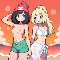 2026 2girls ai_generated bangs beach beanie bikini black_hair blonde_hair breasts closed_mouth cloud collarbone cowboy_shot day female female_only flexing game_freak green_eyes green_shorts grey_eyes happy hat hi_res high_ponytail highres human lillie_(pokemon) long_hair medium_breasts medium_hair navel nintendo nipples ocean open_mouth outdoors pokemon pokemon_sm ponytail sand sarong sea selene_(pokemon) sky small_breasts smile standing steam summer sweat sweatdrop swimsuit teenage_girl topless topless_female water wet white_bikini white_swimsuit young young_female yuri