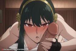 1boy 1girl ai ai_art ai_generated all_fours black_gloves black_hair blush breasts cheating_(relationship) cheek_press completely_nude earrings erection fingerless_gloves flower gloved_handjob gloves gold_earrings gold_hairband hair_ornament hairband half-closed_eyes handjob hanging_breasts hetero indoors jewelry large_breasts large_penis long_hair looking_at_viewer medium_breasts netorare nipples nose_blush nude open_mouth penis penis_grab penis_on_face pov pov_crotch red_eyes short_hair_with_long_locks sidelocks solo_focus spy_x_family sweat uncensored veins veiny_penis yor_briar