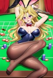 1girl ai_generated armpits ass ass_visible_through_thighs blonde_hair blush breasts bunny bunny_costume bunny_girl bunnysuit card casino chained_cuffs chained_wrists chains cuffs empty_eyes feet female hair_between_eyes handcuffs hourglass_figure hypnosis kujaku_mai leotard looking_at_viewer lying mai_valentine mind_control one_arm_up open_mouth pantyhose playing_card poker_chip poker_table purple_eyes pussy pussy_juice pussy_visible_through_clothes ripped_stockings seductive_smile smile smiling smiling_at_viewer soles solo spread_ass spread_legs sweat sweating sweaty sweaty_body thick_thighs thighs timebreaker_(generator) tits toes white_skin woman yu-gi-oh! yu-gi-oh!_duel_monsters