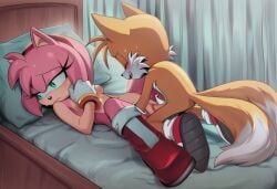amy_rose anthro anthro_on_anthro ashamed blush boots closed_eyes covering_breasts furry_on_furry furry_only gloves green_eyes happy looking_away missionary missionary_position mobian_(species) on_bed pink_fur reluctant reluctant_sex shoes sonic_(series) sonic_the_hedgehog_(series) sweatdrop tails_the_fox