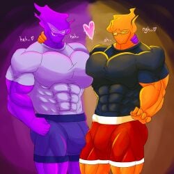 abs anthro bara bulge bulge_through_clothing fire gay grillby grillby_(underfell) male/male male_only muscular muscular_male pecs pectoral_bulge submissive_male tight_clothing undertale_(series) yaoi