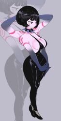 1girl 1girls akisas99 arm_behind_head arms_behind_head background big_boobs big_breasts black-haired_female black_choker black_eyebrows black_hair breasts brown-eyed_female brown_eyes busty busty_female busty_girl choker curvaceous curvaceous_body curvaceous_female curvaceous_figure curvaceous_hips curvy curvy_body curvy_female curvy_figure curvy_hips dark_hair grey_background grin grinning grinning_at_viewer hand_behind_head hands_behind_head hourglass_figure inframammary_fold large_boobs large_breasts lean_figure monotone_background narrow_waist nipple_bulge oc one_color_background original original_art original_artwork original_character original_female_character parted_lips plain_background posing posing_for_the_viewer slender_body slender_waist slim_female slim_waist smile smiley_face smiling solid_color_background voluptuous voluptuous_body voluptuous_female voluptuous_figure voluptuous_woman wide_grin wide_hips