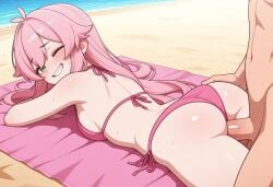 1boy 1girls ai_generated beach bikini blush breasts celestiumart green_eyes hand_on_hip indie_virtual_youtuber indie_vtuber laying_on_stomach long_hair looking_back medium_breasts naked naked_male nude nude_male on_towel one_eye_closed outside penis_in_pussy pink_bikini pink_hair sex smile vaginal_penetration virtual_youtuber vtuber