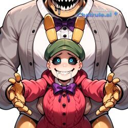 1boy age_difference ai_assisted ai_generated animatronic big_head big_mouth black_sclera blue_eyes cable_knit cock_shock collared_dress confused curvy drooling fear girl green_hat grey_cardigan huge_balls huge_penis long_sleeves pink_dress purple_bowtie rabbit_ears reaching_out robot_joints scared sharp_teeth size_difference smile spring_bonnie teeth upper_body vaginal_penetration weird white_background