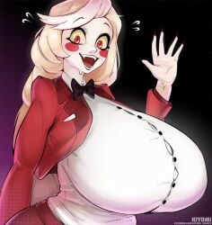 1girls big_breasts black_background blonde_hair breasts buttons charlie_morningstar_(hazbin_hotel) fangs female female_focus female_only hazbin_hotel huge_breasts kiyomi_draws large_breasts long_hair long_nails looking_at_viewer nails open_mouth painted_nails red_eyes simple_background smile smiling_at_viewer sweat sweatdrop teeth tight_clothing tongue uniform white-skinned_female white_shirt white_skin yellow_sclera