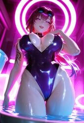 ai ai_art ai_generated glistening glistening_genitalia honkai:_star_rail kafka_(honkai:_star_rail) masterpiece neon_lights night seductive sexy sexy_pose smile swimsuit swimwear waifu water