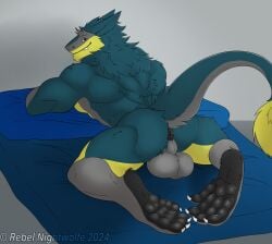 absurd_res animal_genitalia anthro anus balls bed brom_(sahurus) claws fangs fur furniture genitals green_body green_fur grey_body grey_fur hi_res lying lying_on_bed male muscular on_bed on_front pawpads paws rebel_nightwolfe resting sergal smile smiling_at_viewer solo tail tail_tuft teeth tuft yellow_body yellow_fur