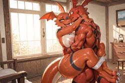 1boy ai_generated anthro_dinosaur black_markings digimon eye_contact female fox_boy furry furry_female furry_male guilmon_girl high_detail highlighted_anatomy horns huge_areolas hugging_during_sex intercourse legs_wrapped_around male nick_wilde no_hair nsfw nude penetration raziel4545 red_scales sex_standing sharp_curves shiny_skin sweaty_skin tail thick_thighs very_large_breasts voluptuous_body wide_hips yellow_eyes