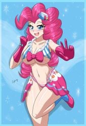 1girls equestria_girls my_little_pony open_mouth opera_gloves peace_sign pinkie_pie_(eg) pinkie_pie_(mlp) pinkie_pie_(mlp) skimpy skimpy_clothes smile stockings thebrokencog