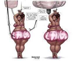 1girls ass_expansion dark-skinned_female dark_skin dialogue expansion forced_feeding funnel funnel_feeding funnel_in_mouth hose hose_in_mouth hose_inflation inflation okayokayokok tagme tied_feet tied_hands tied_up weight_gain