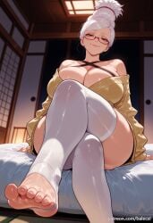 ai_generated ayase_seiko balecxi bare_shoulders cleavage crossed_legs dandadan feet female foot_focus glasses hair_bun huge_breasts indoors looking_at_viewer no_shoes off_shoulder red-framed_eyewear sitting smile soles solo stirrup_legwear toeless_legwear toenails toes white_hair white_thighhighs yellow_sweater