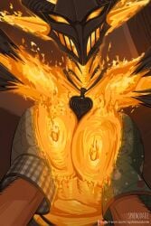 1girls big_breasts busty daedra demon female fire flame flame_atronach fondling large_breasts monster monster_girl nipples oblivion oven_gloves oven_mitts pov sphenodaile tagme the_elder_scrolls the_elder_scrolls_iv:_oblivion touching_breast