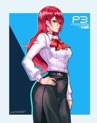 bow breasts hair_over_one_eye hand_on_own_hip high-waist_skirt highres long_hair long_sleeves looking_at_viewer luchidart medium_breasts mitsuru_kirijo1girl one_eye_covered parted_lips persona persona_3 puffy_long_sleeves puffy_sleeves red_eyes red_hair ribbon school_uniform shirt skirt solo standing white_shirt
