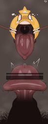 big_tongue blush blush_lines bodily_fluids brown_background brown_clothing brown_footwear brown_shoes censor_bar censored clothing cyanu eyelashes female footwear genital_fluids genitals hi_res humanoid_genitalia humanoid_penis imminent_fellatio imminent_oral ineffective_censorship mario_and_luigi_(series) mario_bros mouth_strap nintendo open_mouth penis precum pubes red_tongue shoes signature simple_background solo star star_sprite starlow stray_pubes tears teeth teeth_showing tongue tongue_out unusual_anatomy unusual_genitalia unusual_penis uvula waddling_head watermark wide_eyed yellow_body yellow_skin