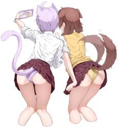 2girls ahoge arm_up ass_focus black_eyes bone bracelet brown_hair cat_ears cat_tail catgirl clothed dog_ears dog_girl dog_tail female female_only hairclip holding_object hololive hololive_gamers hololive_japan inugami_korone light-skinned_female light_skin long_hair nail_polish nekomata_okayu nyakokamen panties peace_sign phone polka_dot purple_hair purple_nails purple_panties rear_view school_uniform schoolgirl selfie sharp_fingernails short_hair striped_panties tail twintails upskirt virtual_youtuber yellow_panties
