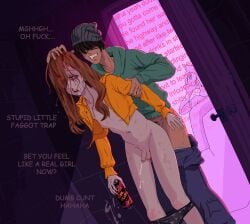 1girls 2boys bleeding blood cum dialogue drunk female futanari homophobic_slur intersex lunaticker male rape slur tagme trans_woman transphobic_slur