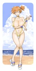 alternate_breast_size areola_slip asymmetrical_hair bare_legs bare_shoulders barefoot beach bikini blue_eyes blue_sky blush breasts cleavage cloud creatures_(company) curvy day feet female female_focus game_freak gen_1_pokemon grin gym_leader highres huge_breasts kasumi_(pokemon) large_breasts legs looking_at_viewer navel nintendo nipples ocean one-piece_swimsuit orange_hair outdoors pokemon pokemon_(anime) pokemon_(classic_anime) pokemon_rgby ponytail pulling_own_clothes sand sandals shiny_skin shoes short_hair side_ponytail sky slingshot_swimsuit smile solo standing strap_pull swimsuit thick_thighs thigh_gap thighs wardrobe_malfunction water wide_hips wristband yuthon