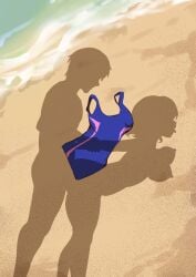 1boy beach bent_over bouncing_breasts breasts competition_swimsuit doggy_style female love_live! love_live!_sunshine!! ocean one-piece_swimsuit outdoors sex shadow short_hair silhouette standing standing_doggy_style standing_sex swimsuit thighs tongue tongue_out watanabe_you water