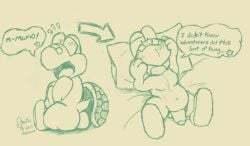 1boy anthro ass bed belly big_butt big_penis bubble_butt chaotic_arisen clothing dialogue directional_arrow embarrassed footwear footwear_only foreskin furniture genitals koopa koopa_troopa koops male mario_(series) moobs mostly_nude nintendo paper_mario paper_mario:_the_thousand_year_door partially_retracted_foreskin penis pillow reptile retracted_foreskin scalie shell shoes shoes_only slightly_chubby solo speech_bubble tail uncircumcised undressing walk-in