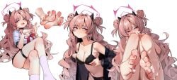 absurdres after_footjob bare_legs barefoot bikini black_bikini black_bra black_panties black_robe black_skirt blue_archive blush bra breasts cleavage collarbone commentary_request crossed_legs cum cum_on_body cum_on_feet demon_horns double_bun fake_horns female gyaru hair_bun halo highres horns invisible_chair kirara_(blue_archive) kneehighs kogal lace-trimmed_bra lace_trim lingerie looking_at_viewer medium_breasts multiple_views nail_polish navel oerba_yun_fang painterliuhao panties penetration_gesture pink_hair robe see-through_robe shirt simple_background sitting skin_fang skirt smile socks soles stomach swimsuit thigh_strap toenail_polish toenails toes two_side_up underwear white_background white_shirt white_socks