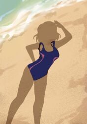 beach competition_swimsuit female love_live! love_live!_sunshine!! ocean one-piece_swimsuit outdoors shadow short_hair silhouette solo standing swimsuit thighs watanabe_you water
