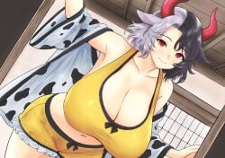 1girls animal_ears big_breasts black_hair breasts cleavage clothed_female cow_ears cow_girl cow_print_jacket female grey_hair hinben horns huge_breasts light-skinned_female mature_female multicolored_hair red_eyes silver_hair smile solo solo_female touhou urumi_ushizaki