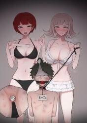 1boy 2girls :o ahoge balls bikini black_bikini blush breasts brown_hair chastity_cage chastity_device collar danganronpa danganronpa_(series) danganronpa_2:_goodbye_despair female flat_chastity_cage flipped_hair gag gagged giga giga_(g1g_4) grin highres hinata_hajime humiliation koizumi_mahiru large_breasts male medium_hair mole mole_on_breast multiple_girls nanami_chiaki no_hair_ornament realistic_proportions red_hair short_hair small_penis_humiliation smile swimsuit teeth testicles white_bikini