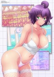 1girls 2d 2d_(artwork) alternate_costume arms_behind_back big_breasts cleavage female female_focus female_only fishnet_thighhighs fishnets front_view green_eyes high_resolution highres hourglass_figure light-skinned_female light_skin looking_at_viewer oc oc_character pink_thong purple_hair retro_background sexy short_hair slim_girl smiling smiling_at_viewer solo solo_female solo_focus standing thighhighs thong voluptuous voluptuous_female white_thighhighs young younger_female yukino_akaihi yukino_memories zel-sama