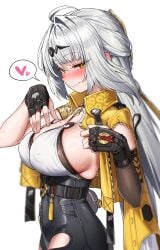 absurdres black_gloves breasts closed_mouth female fingerless_gloves gloves green_tea_(matchaistasty) grey_hair hair_ornament hairclip heart highres large_breasts long_hair looking_at_viewer mole mole_on_breast simple_background spoken_heart sweat white_background yellow_eyes yixuan_(zenless_zone_zero) zenless_zone_zero